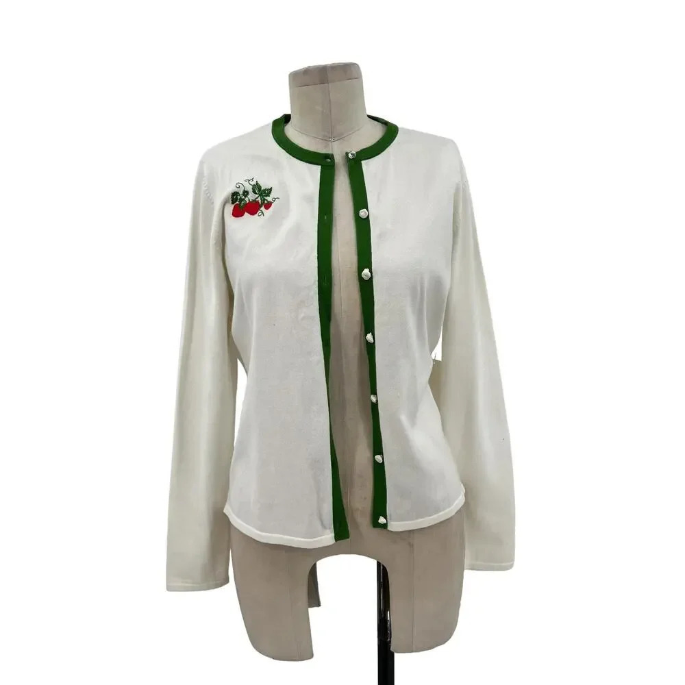 Shoshanna Strawberry Embroidered‎ Cardigan White Green Trim Size Large